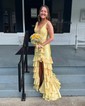 Mermaid V-neck Satin Ruffle Tiered Prom Dresses