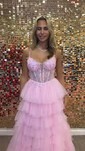 Ball Gown Sweetheart Tulle Tiered Prom Dresses With Appliques