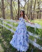Ball Gown Strapless Satin Chiffon Floral Tiered Prom Dresses