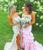 Mermaid Strapless Satin Tiered Prom Dresses With Appliques
