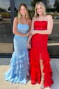 Mermaid Strapless Chiffon Tiered Prom Dresses With Appliques