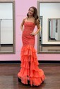 Mermaid Strapless Chiffon Tiered Prom Dresses With Appliques