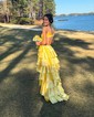 Ball Gown V-neck Satin Ruffle Tiered Prom Dresses With Ruched