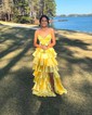 Ball Gown V-neck Satin Ruffle Tiered Prom Dresses With Ruched