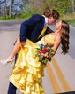 Ball Gown V-neck Satin Ruffle Tiered Prom Dresses With Ruched