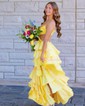 Ball Gown V-neck Satin Ruffle Tiered Prom Dresses With Ruched