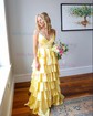 Ball Gown V-neck Satin Ruffle Tiered Prom Dresses With Ruched