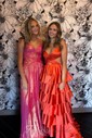 Ball Gown V-neck Satin Ruffle Tiered Prom Dresses With Ruched