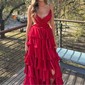 Ball Gown V-neck Satin Ruffle Tiered Prom Dresses With Ruched
