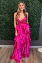 Ball Gown V-neck Satin Ruffle Tiered Prom Dresses With Ruched