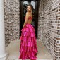 Ball Gown V-neck Satin Ruffle Tiered Prom Dresses With Ruched