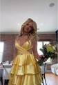 Ball Gown V-neck Satin Ruffle Tiered Prom Dresses With Ruched