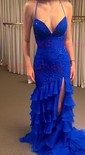 Mermaid V-neck Chiffon Tiered Prom Dresses With Appliques