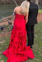 Mermaid Strapless Satin Tiered Prom Dresses With Appliques