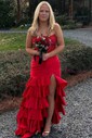Mermaid Strapless Satin Tiered Prom Dresses With Appliques