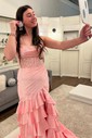 Mermaid Strapless Satin Tiered Prom Dresses With Appliques