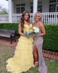 Ball Gown Strapless Satin Chiffon Tiered Prom Dresses With Appliques