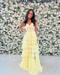 Ball Gown Strapless Chiffon Tiered Prom Dresses With Appliques