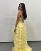Ball Gown Strapless Chiffon Tiered Prom Dresses With Appliques