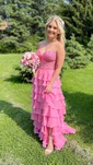 Ball Gown Strapless Chiffon Tiered Prom Dresses With Appliques