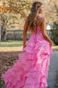 Ball Gown Strapless Chiffon Tiered Prom Dresses With Appliques