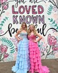 Ball Gown Strapless Chiffon Tiered Prom Dresses With Appliques
