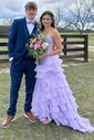 Ball Gown Strapless Chiffon Tiered Prom Dresses With Appliques