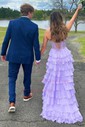 Ball Gown Strapless Chiffon Tiered Prom Dresses With Appliques