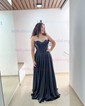 A-line Satin Floor-length Strapless Prom Dresses With Ruched