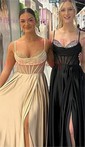 Black A-line V-neck Satin Corset Prom Dresses With Beading