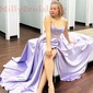 Black A-line V-neck Satin Corset Prom Dresses With Beading