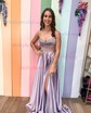 Black A-line V-neck Satin Corset Prom Dresses With Beading