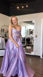 Black A-line V-neck Satin Corset Prom Dresses With Beading