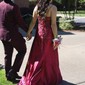 Sheath/Column V-neck Satin Prom Dresses With Appliques