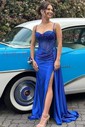 Sheath/Column Sweetheart Satin Corset Prom Dresses With Appliques