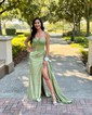 Sheath/Column Sweetheart Satin Corset Prom Dresses With Appliques