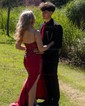 Sheath/Column V-neck Satin Corset Prom Dresses With Appliques