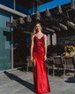 Sheath/Column V-neck Satin Corset Prom Dresses With Appliques