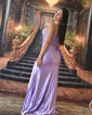 Sheath/Column V-neck Satin Corset Prom Dresses With Appliques