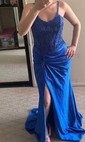 Sheath/Column V-neck Satin Corset Prom Dresses With Appliques