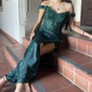 Sheath/Column Off-the-shoulder Satin Corset Prom Dresses With Appliques