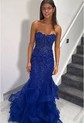 Mermaid Strapless Tulle Tiered Prom Dresses With Appliques