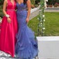 Mermaid Strapless Tulle Tiered Prom Dresses With Appliques