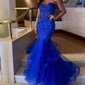 Mermaid Strapless Tulle Tiered Prom Dresses With Appliques