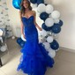 Mermaid Strapless Tulle Tiered Prom Dresses With Appliques