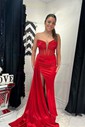 Sheath/Column V-neck Satin Floor-length Corset Prom Dresses With Ruched