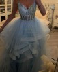 Princess V-neck Tulle Ruffle Prom Dresses With Appliques