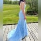 Black Mermaid Scoop Neck Backless Tulle Prom Dresses With Appliques