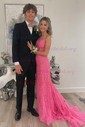 Mermaid Scoop Neck Backless Tulle Prom Dresses With Appliques