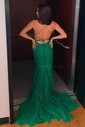 Mermaid Scoop Neck Backless Tulle Prom Dresses With Appliques